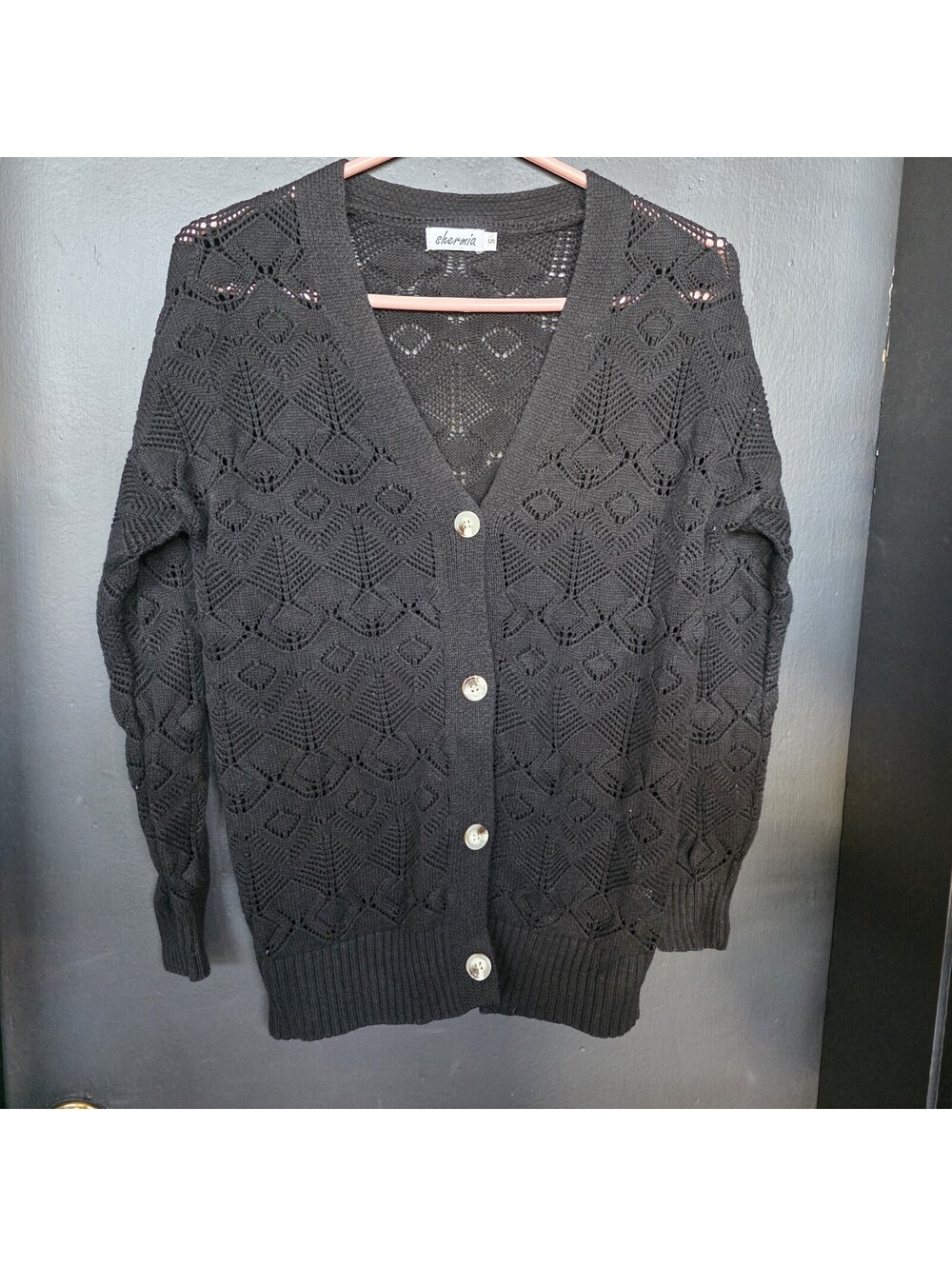 Black Pointelle Knit V-Neck Button Front Cardigan Sweater S